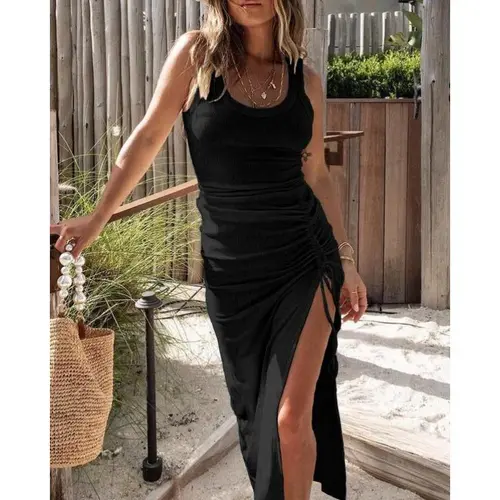 2026 New Women's Sleeveless Ribbed Midi Dress with Drawstring & High Slit, Pleated Fitted Dress for Beach Vacations, Wedding Guests, Parties & Dates