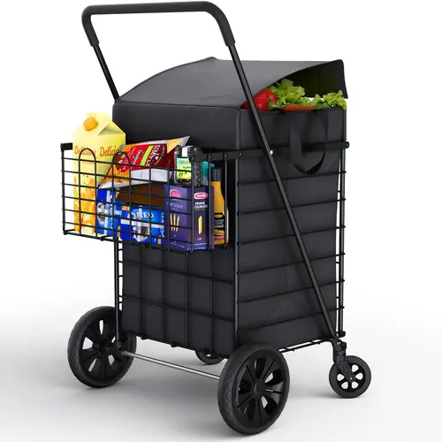 Shopping Cart w/Waterproof Basket Liner & 360° Swivel Wheels | Foldable Collapsible & Lightweight | Perfect for Groceries Laundry Utility Cart - Black