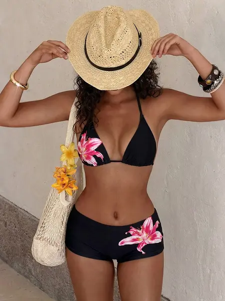 PEPPERMOLLY Women's Swimsuit, 2-Piece Halter Bikini Set with High-Waisted Shorts, Vibrant Lily Print Bathing Suit for Beach Vacation, 2 Piece Sets