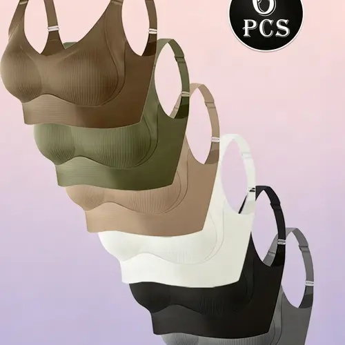 Women's Wireless Push Up Bras 6-Pack - Retro, Wedding-Ready Seamless Ribbed Elastane Lingerie, Soft, Breathable, Lightweight, Adjustable Fit, Fantasy Padded, Racerback, V-Neck, 3/4 Coverage Everyday Underwear
