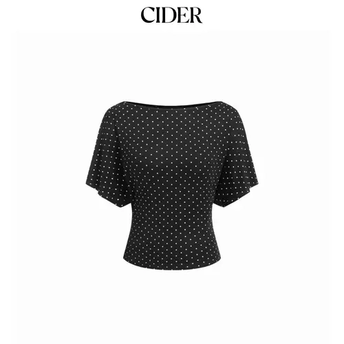 Cider  Polka Dot Boat Neck Tie Back Batwing Sleeve Top Curve & Plus