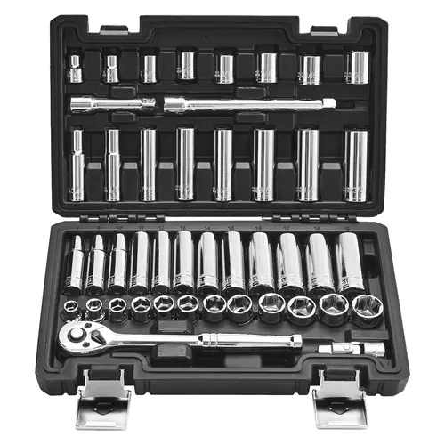 VEVOR 44-Piece 3/8 in Drive Ratchet & Socket Set, Chrome-Plated CR-V Steel Mechanic Tools with High Torque, Impact Resistant, SAE/Metric Deep/Shallow Fit Sockets, Fast Size ID, Storage Case for Automotive, DIY Repairs | Father's Day Gift