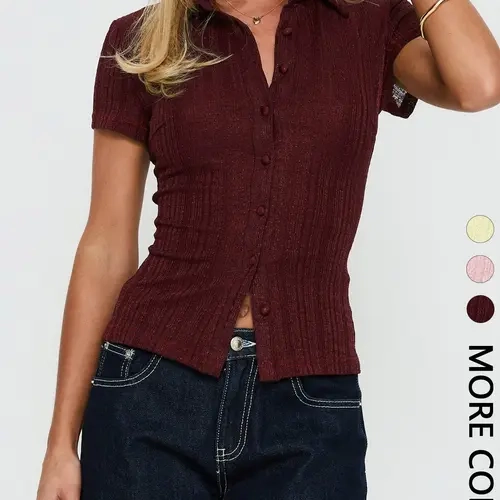 Women's Summer Casual Chic Button Short-Sleeve Ribbed Slim-Fit Knit Collared Shirt, Casual Top, Solid Color, Versatile Style, Perfect for Everyday Wear