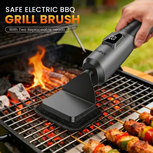 Redhut Cordless Electric Grill Brush Cleaner - Portable Vibe-Powered High-Freq Scrub Tool, 240-Min Runtime, Smoker/Gas/Charcoal Ready, Tight Spot Access, Durable Outdoor BBQ Utensils, 2 Accessories (Fireproof Cloth, Shed-Free Steel Wool), Camping Use