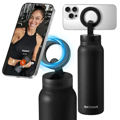 HATISAN 24oz Modern Cylindrical Portable Insulated Stainless Steel Reusable Water Bottle (500-1000 ml) - Travel-Friendly Tumbler with 360° Rotatable Magnetic Phone Mount, 12hrs Hot/24H Cold Drinkware for Workouts, Content Creation