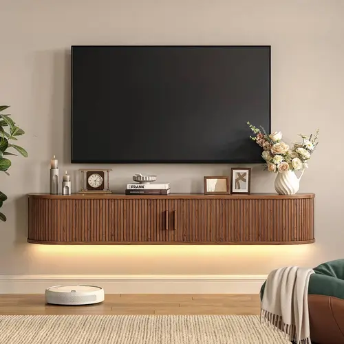 【Black Friday】ONBRILL 63" Stable Wall Mount Floating Wooden Multifunctional TV Stand - TV Console Table with Power Outlet, LED Lights Remote, Sliding Door Storage Compartments, Mid-Century Modern Multimedia Centre for 75" TVs (Living Room), Modern Tv