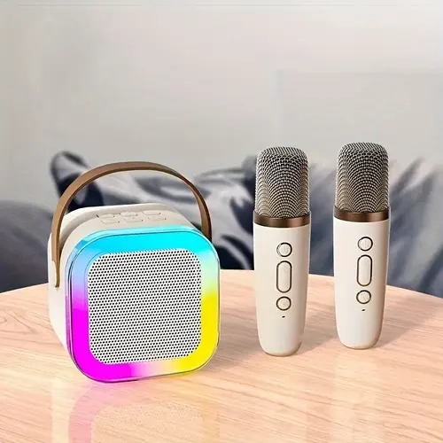 Portable Kids Karaoke Set with 2 Wireless Microphones Bluetooth Speaker Beige Mini Karaoke Machine for Home Party Birthday Christmas Gift for Girls Boys