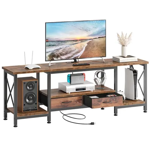 Sweetcrispy Industrial Modern TV Stand - Wooden & Metal Console TV Stand & Wall Bracket, Apartment & Bedroom Furniture, Panel Power Supply, 2 Fabric Drawers, Open Shelf Storage Indoor Living Room Furniture
