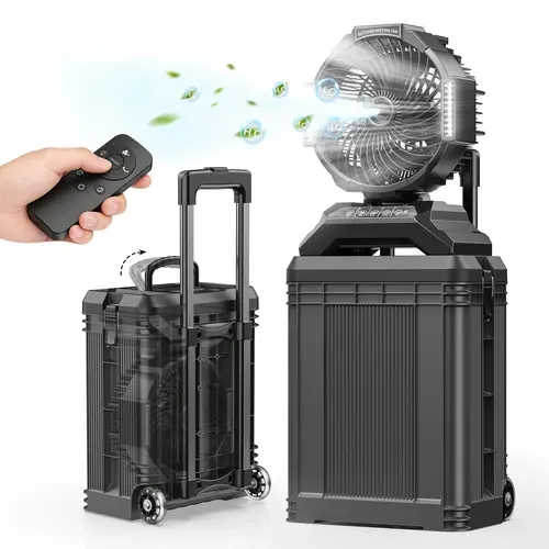 SprzAir 4-Gal Cordless Rechargeable Portable Fan - 40000mAh Battery, 4-Gal Long Mist, Roll-Out Handle, Full Remote Control, 360° Even Mist, Oscillating Design, LED Light, Fewer Refills, for Golfers, Outdoor Activities