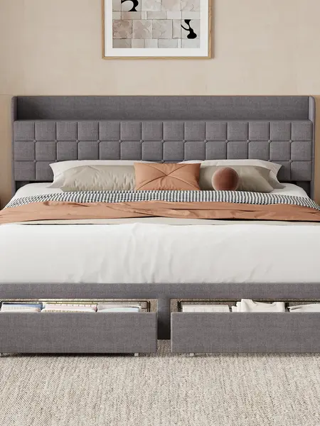 Sweetcrispy Heavy-Duty Hybrid Upholstered-Metal Platform Queen Bed Frame with Fabric Headboard, King Size Option, 2 Metal Storage Baskets, Easy Assembly, Contemporary Indoor Apartment Furniture