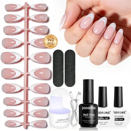JODSONE French Gel Nail Tips Kit,144pcs  Short Almond Pink, Reusable Acrylic Nail False Nails Art DIY, Nail Glue,Builder Gel,Top Coat,Nail Lamp All Included for Nail Art Easy DIY
