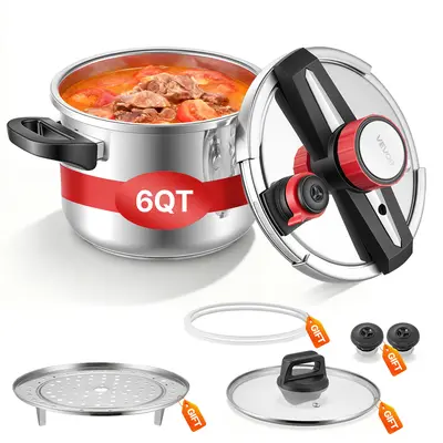 【Father's Day】VEVOR Pressure Cooker, 6.3Qt Pressure Cooker Stainless Steel, Pressures Canner with Steaming Rack, Tempered Glass Lid, Three Pressures Settings for Meat, Beans, Rice, Soup, Sauces, Cook up to 100 kPa