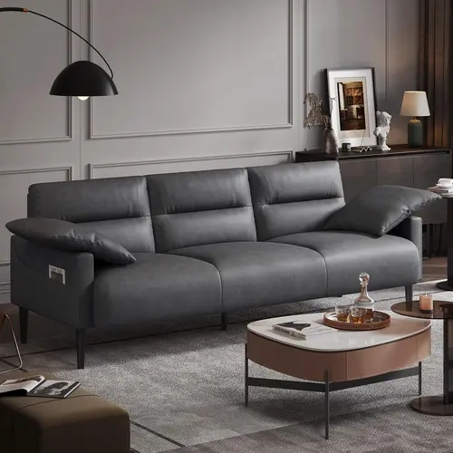 COPIAE 83" Width Mid-Century Faux Leather 3-Seater Sleeper Sofa - Upholstered Couch with Pillows, Solid Wood & Metal Frame Strong, Pocket Armrests, Pre-Cut Parts, 20.9" Deep Seat, Stain Resistant, 24h CS Support for Living Room, Bedroom