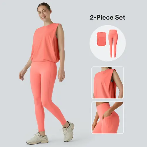 Halara 2 Piece Round Neck Ruched InstantCool Yoga Tank Top-UPF50+&UltraSculpt High Waisted Tummy Control Pocket Shaping Training Leggings Set