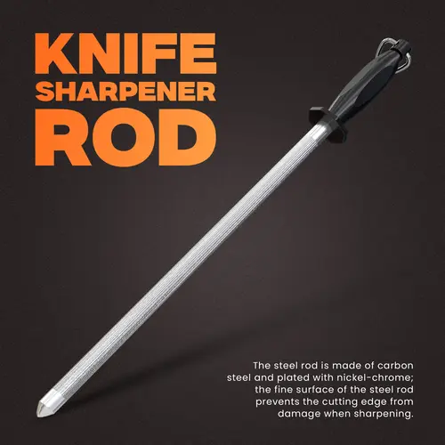 Utopia Kitchen 12-in Nickel-Chrome Coated Carbon Steel All-Knife Sharpen Rod, Non-Slip Ergonomic Kitchenware Tool, Built-In Hanging Loop, Wipe-Clean Steel for Home Users