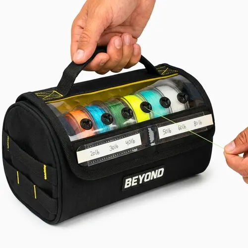 Beyond Tackle Bag for Outdoor Fishing Supplies - Built-In Dispenser, Spool Holder, Writable Label Panel, Rubber Grommets, Built-In Dividers, Organizes Fishing Gear, Prevents Tangles, Shields Against Water and Dirt
