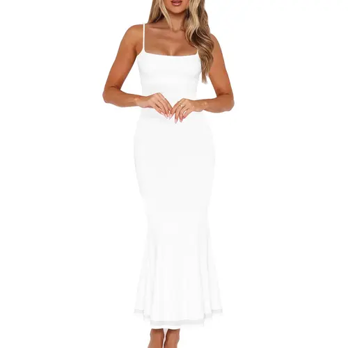 MOKORU Women's Square Neck Sleeveless Spaghetti Strap Bodycon Mermaid Mesh Maxi Dress - Adjustable Straps, Chic Retro Vintage Formal Party Outfit