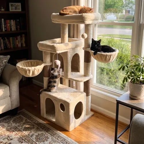 DESKAT 48in Medium-Large Plush Fabric Cat Tree - Multi-Level Design, Large Condos, Natural Sisal Scratcher, Vertical Scratcher, Anti-Topple, Built to Last for Indoor Cats' Play & Secure Naps