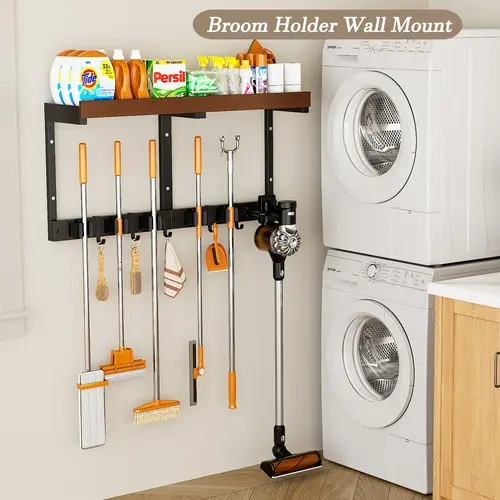 【Holiday Deals】San Dream Broom Holder Wall Mount with Cleaning Supplies Organizer Broom and Mop Organizer Wall Hanging Broom Hanger Holder Wall Mount | 3-in-1 Mop with 5 Racks & 5 Hooks for Laundry Room