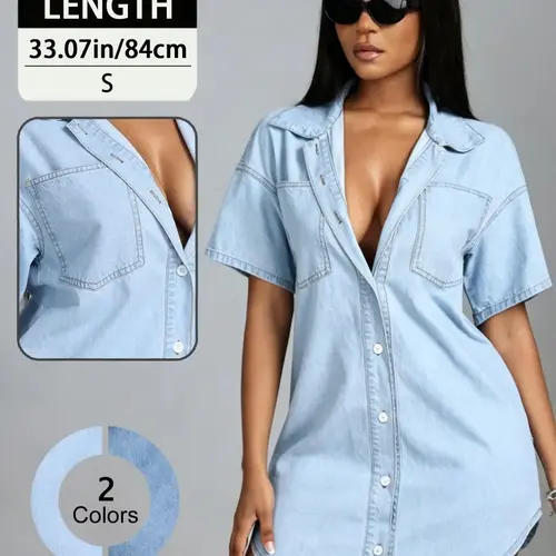Elegant Summer Women's Lapel Short Sleeve Slim Fit Dress, Single Button Denim Shirt Mini Skirt, Stylish Casual Wear