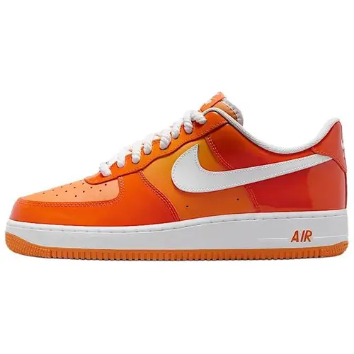 NIKE Men's Air Force 1 '07 LV8 Safety Orange Patent Leather Low-Top Athletic Fashion Sneakers - Premium Leather Luxe Feel, Steady Rubber Grip, White Rubber Sole Clean Finish, True to Size, All-Day Comfort