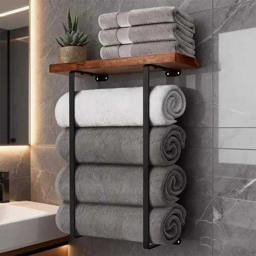 Bathroom Towel Rack with Wooden Shelf, Minimalist Design, Storage Organizer for Large & Small Towels, Bathroom Accessories Organizer, Ideal for Spa, Salon, Small Bathrooms, Bathroom Essentials Accessories, Bathroom Gadgets, Bathroom Towel Holder