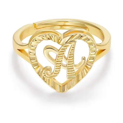 KissYan Women's 14K Gold-Plated Initial Letter Ring - Exquisite Trendy Heart Design Ring, Adjustable, Tarnish Proof, Unisex Fit, Everyday Wear, Anniversary Gift, Women's Jewelry Accessories, Exquisite Trendy Ring