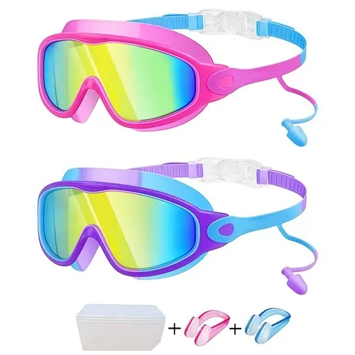 Kids Swim Goggles 2 Pack | Anti-Fog Anti-UV Leak-Proof Soft Silicone Swimming Goggles for Boys Girls Ages 3-14, Comfortable No Leak Wide View Kids Swimming Glasses, -1.5 Diopter, Adjustable Fit, Goggle Set