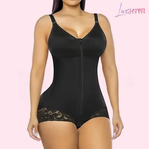 LUXSEREN Women's Lace Fit Shapewear Bodysuit - Solid Elegant V-Neck, Front Zipper Closure, Adjustable Stay-Put Straps, 3/4 Coverage, Tummy Control, Waist Training, Hip Enhancement, Polyester Compression, All-Season Wear, Body Contouring