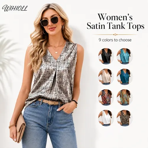 WIHOLL Women's Satin V-Neck Elegant Sleeveless Pleated Camisole - Loose-Fit, Non-See-Through, Silky, Lightweight, 2026 Summer Dressy, Tummy-Hiding, Business Casual Tops, Date Night Top, Check Size Chart