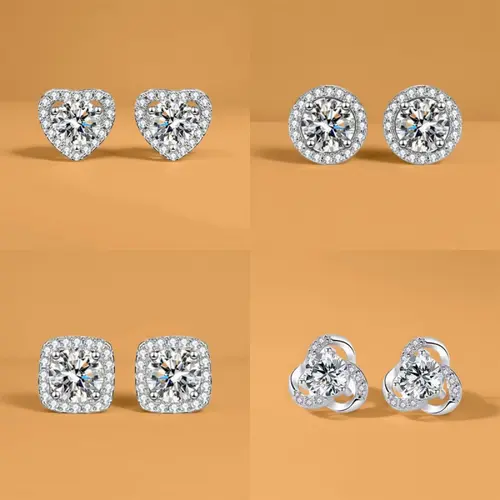 Sparkly 4 Pairs Moissanite Inspired CZ Earrings Set for Women, DDMS0010 Brilliant Cut Cubic Zirconia, 925 Sterling Silver, Hypoallergenic