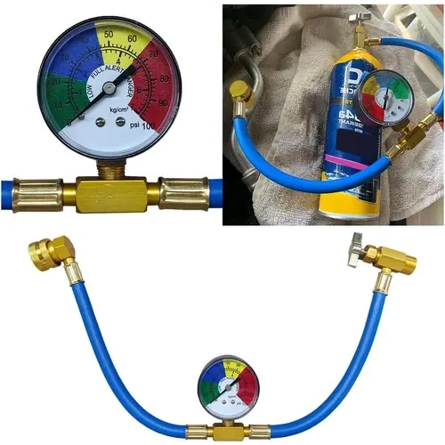 summervibes R134A Car AC Refrigerant Charge Hose Kit - Automotive Inspection Tool with AC Gauges, 100PSI Low-Side Read, 100 PSI Max, 1/2'' Can Tap, Quick 90° Coupler for Low Side Port