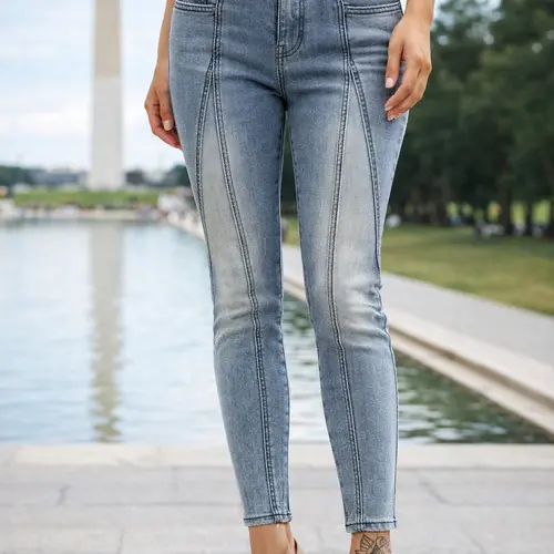 EL ELENGATINE Women's Mid-Rise Stretchy Cotton Washed Retro Skinny Jeans - Light Medium Wash, Contrast Stitch, Ankle Length, All-Season, Trendy Streetwear, Back to School Outfits, BTN018-B