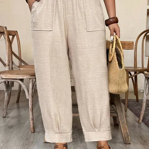 Plus Size Casual Elastic Waist Loose Fit Trousers, Breathable Lightweight Fabric, Trendy Vacation Everyday Daily Wear, Comfortable Relaxed Fit Work Casual Bottoms