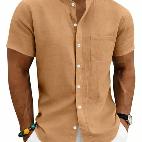 Men's Summer Tropical Linen Breathable Button-Up Shirt, Short Sleeve Loose Fit Casual Menswear Shirt, Vintage Stand Collar, All-Season Wear Casual Shirts