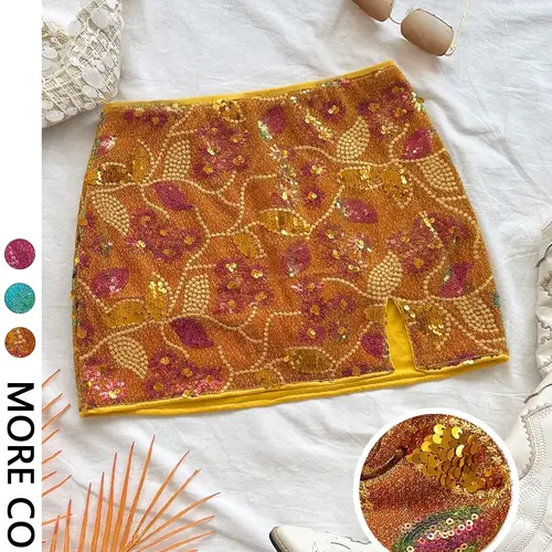 Women's Floral Sequin Mini Skirt, High Waist Side Slit Bodycon Skirt, Boho Glam Style Bottoms for Night Out, Festival and Party Club Wear, Bohemian Split Hem Skirt, Summer Skirts, Boho Hippie Skirt, Floral Pattern Skirt