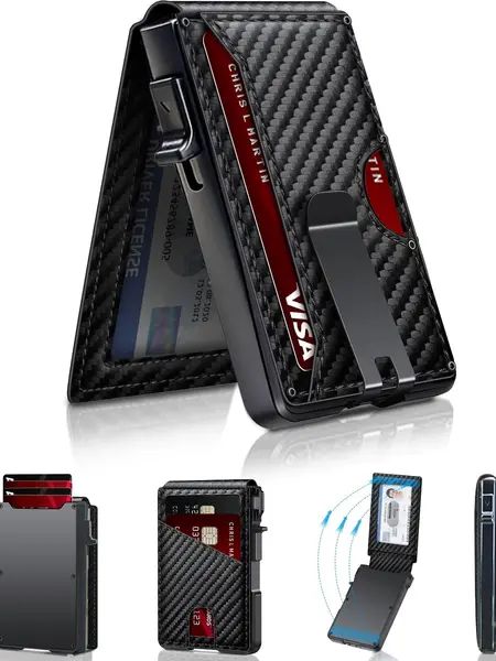 2026 US April Stock Up | Minimalist Men’s Slim Wallet: 9 - 13 Cards, Money Clip, ID Window. RFID - Blocking, Aluminum Bifold Pop - Up SpringStatements wallet