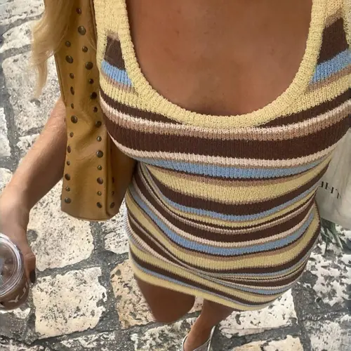 Summer Women's Slimming Sexy Colorblock Striped Knit Dress, Casual Fashion Long Sleeve Round Neck Design, Perfect for Daily Wear, Womenswear, Bodycon Fit Striped Dress