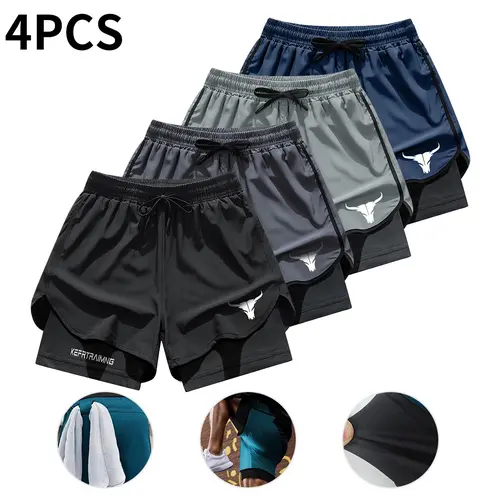 Men’s 2‑in‑1 double‑layer quick‑dry shorts with inner pockets, available in a 4‑pack, suitable for summer gym workouts and training.,summerwins,father'sdaygifts