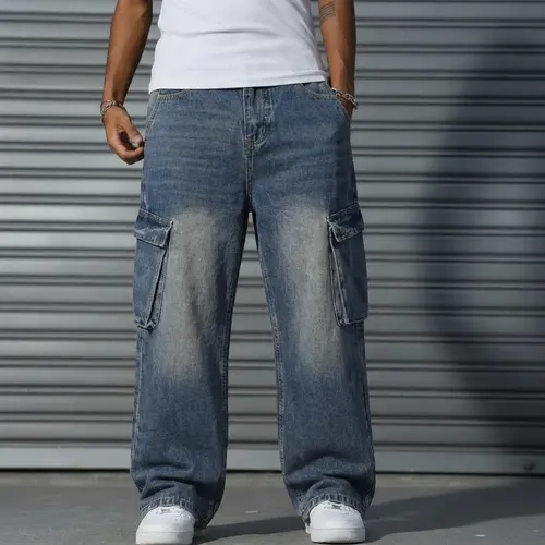 Men's 2000s-Inspired Baggy Cargo Jeans - Plain, Washed Cotton Denim, Side Utility Pockets, Retro Wide-Leg, Casual Cargo Style Trousers for Streetwear