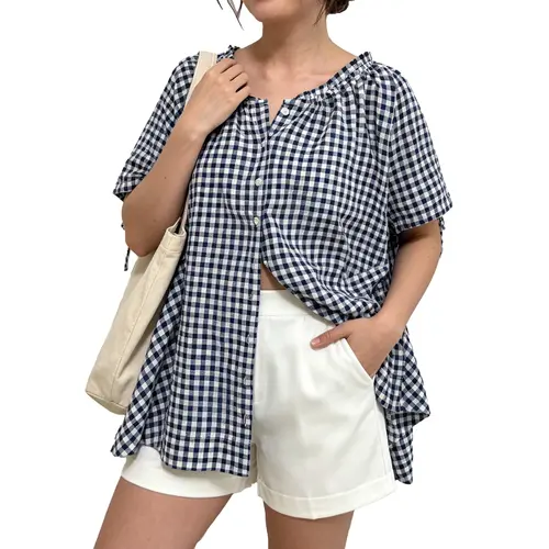 Hixiaohe Women's Loose Checkered Button Up Puffed Sleeve Tunic Blouse - Round Neck, Sleeve Ties, Open-Style Option, Comfortable Summer Flowing Chic Button Up Top, Shirts for Women, Ideal for Going Out, Beach, Weekend
