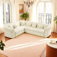 110.5" Luxury Italian Velvet L-Sofa Set -Chesterfield Sofa  – Oversized curved arm sectional with button tufting, gold stainless steel accents, and 7 pillows. for living room furniture transformations Flannelette Corner sofa