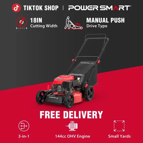 PowerSmart Gas Lawn Mower (DV8618C/DV8618P(Z)) – Manual Push Walk Behind Grass Removal Mower, 18" Wide Steel Deck, 144cc Engine, Recoil Start, 2-in-1/3-in-1 Function, Side Discharge, Adjustable Height, Adjustable Height Mower, Gas Lawn Mowers