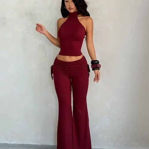 Strapless Backless Top and High-Waisted Pants Set, Sexy Slim-Fitting Suit, Plain Pattern, Outer Vest, Clothing Type: Suit, Summer Matching Set