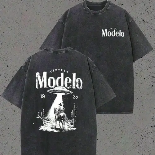 Modelo UFO Cowboy Graphic-Shirt – 230g Heavyweight Vintage Washed Cotton Retro Streetwear Tee With Cerveza Modelo Letter Print, UFO Western Cowboy Desert Scene Design, Y2K Oversized Casual Short Sleeve Men's Summer Fashion  Summervibes