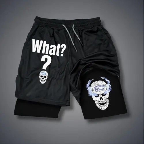 WWE Stone Cold Steve Austin  Double-Layer Sports Shorts Graphic Shorts Black Shorts Camo Shorts Streetwear Shorts Men Outfits Men Short Shorts Vacation Outfits Shorts