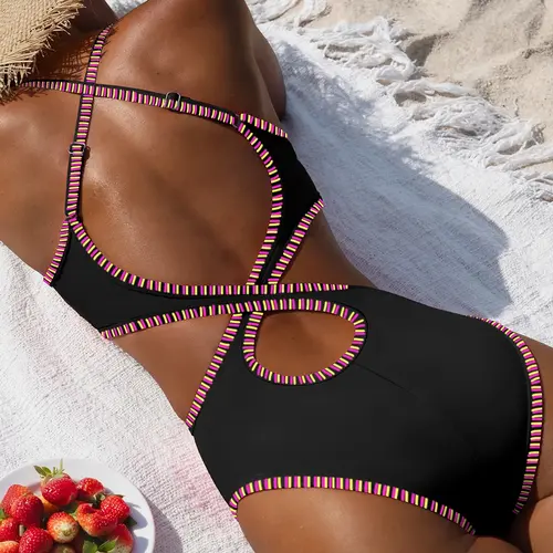 POPVIL Women's Hot Pink Cut-Out Monokini Swimwear - Color Trim, Slimming, Backless, Adjustable Straps, Nylon Cutouts Sports Swimsuits, Swimming Bathing Suit, Swimsuit for Women 1-Piece