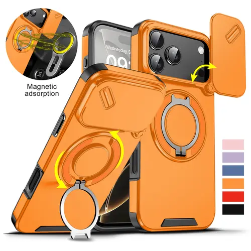 Military Grade Shockproof Phone Case For iPhone 18 Pro Max/18 Pro 17 16 15 14 - Slide Camera & 360-Rotated Ring Kickstand Holder, Rugged Heavy-Duty Protection Phone Cover