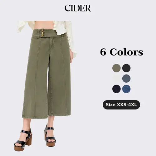 Cider Streetwear Low Rise Metal Detail Washed Denim Wide Leg Capri Jeans