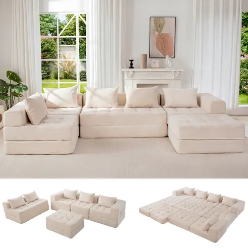 MAXYOYO Modular Sectional Sofa Couch, Foldable U Shaped Cloud Couch with Pillows, Tufted 6-Seat Boneless Sleeper Lounger Floor Sofa Bed for Living Room, No Assembly Required